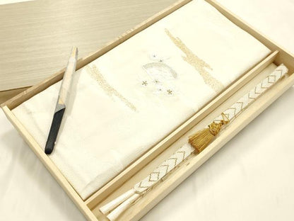 平和屋本店●和装小物　帯締め・帯揚げ・扇子セット　礼装用　笹浪組　刺繍　扇花文　金糸　金彩　亀房付き　逸品　未使用　AABJ1141ay