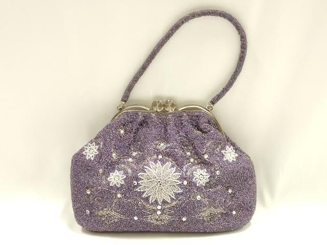 平和屋着物▼和装小物　和装バッグ　ハンドバッグ　ビーズバッグ　花柄　ラインストーン　がま口　逸品　AABJ1168ay