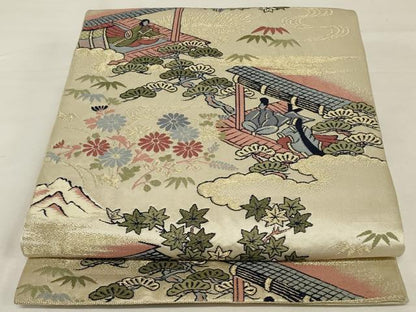 平和屋着物◎六通柄袋帯　唐織　人物風景花文　金糸　正絹　逸品　AABJ1219ou