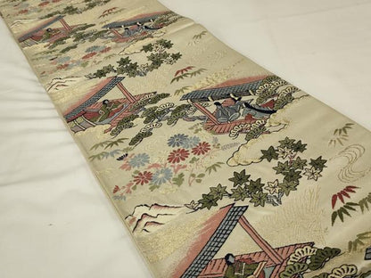 平和屋着物◎六通柄袋帯　唐織　人物風景花文　金糸　正絹　逸品　AABJ1219ou
