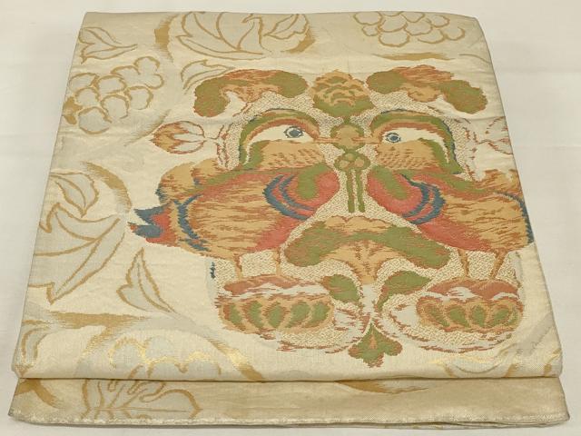 平和屋着物◎六通柄袋帯　向かい鳥花文　金糸　正絹　逸品　AABJ1221ou