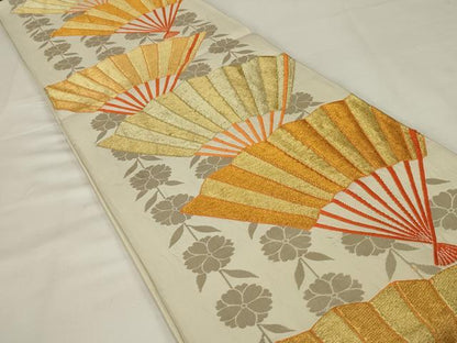 平和屋着物◎六通柄袋帯　扇花文　金銀糸　正絹　逸品　AABJ1227ou