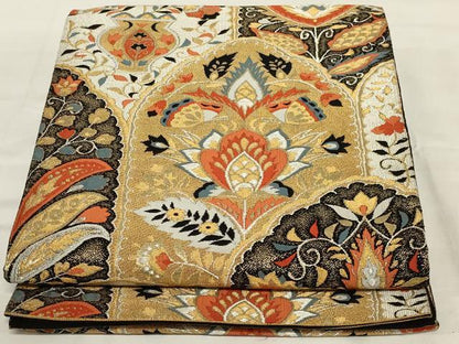 平和屋着物◎六通柄袋帯　更紗花文　黒地　金糸　正絹　逸品　未使用　AABJ1232ou