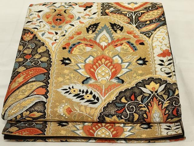 平和屋着物◎六通柄袋帯　更紗花文　黒地　金糸　正絹　逸品　未使用　AABJ1232ou