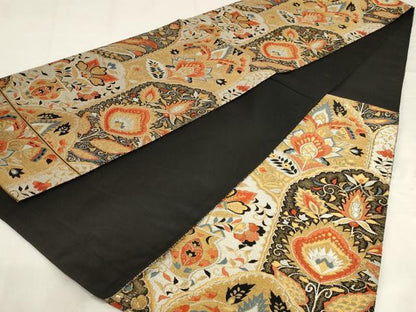 平和屋着物◎六通柄袋帯　更紗花文　黒地　金糸　正絹　逸品　未使用　AABJ1232ou
