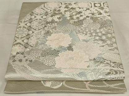 平和屋着物◎六通柄袋帯　唐織　孔雀花文　プラチナ箔　正絹　逸品　AABJ1234ou