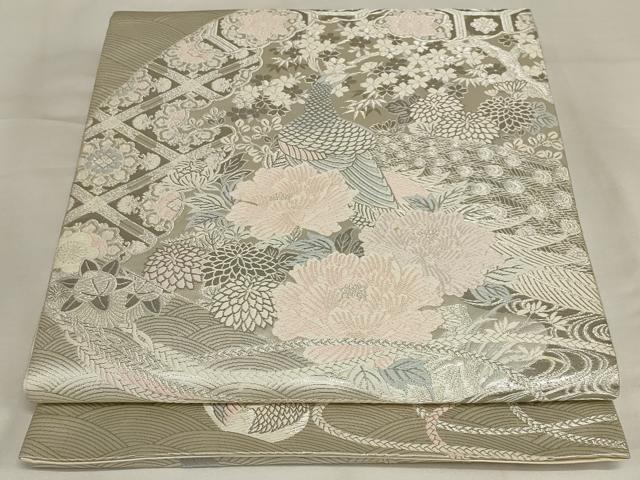 平和屋着物◎六通柄袋帯　唐織　孔雀花文　プラチナ箔　正絹　逸品　AABJ1234ou