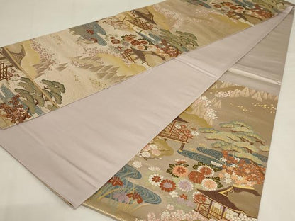 平和屋着物◎六通柄袋帯　唐織　流水風景花文　金糸　正絹　逸品　AABJ1240ou