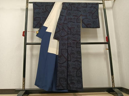 平和屋着物●結城紬　80亀甲　幾何学文様　正絹　逸品　AABJ1252ph