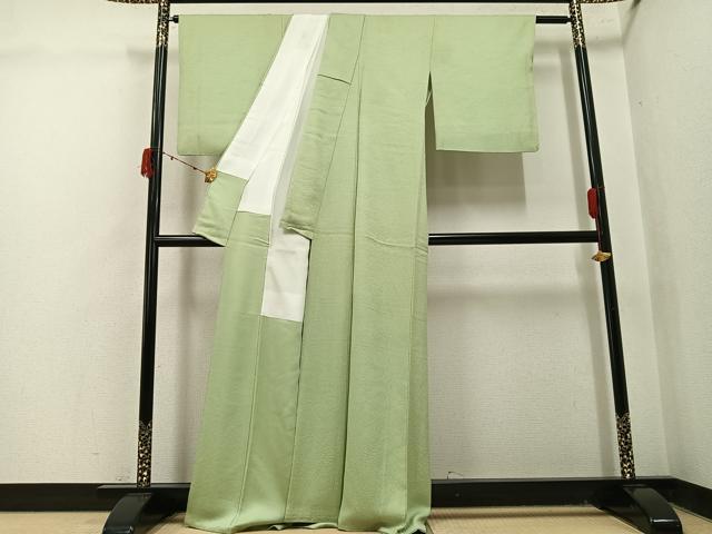 平和屋着物●上質な色無地　作家物　加賀乃調　草花地紋　若葉色　正絹　逸品　AABJ1275ph
