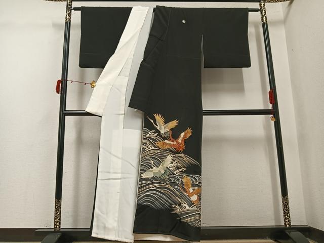 平和屋着物●創業460年・千總　黒留袖　駒刺繍　群鶴立波文　金彩　三越扱い　正絹　逸品　AABJ1282ph