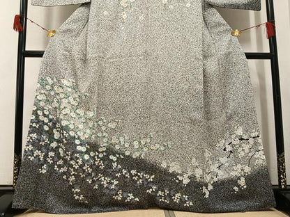 平和屋着物●訪問着　枝花文　たたき染め　黒地　正絹　逸品　AABJ1283ph