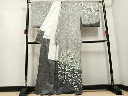 平和屋着物●訪問着　枝花文　たたき染め　黒地　正絹　逸品　AABJ1283ph