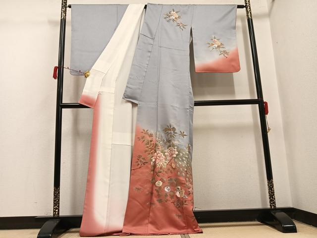 平和屋着物●訪問着　刺繍　孔雀鴛鴦枝花文　暈し染め　金彩　正絹　逸品　AABJ1296ph