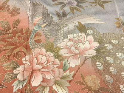 平和屋着物●訪問着　刺繍　孔雀鴛鴦枝花文　暈し染め　金彩　正絹　逸品　AABJ1296ph