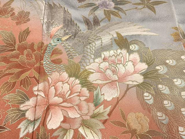 平和屋着物●訪問着　刺繍　孔雀鴛鴦枝花文　暈し染め　金彩　正絹　逸品　AABJ1296ph
