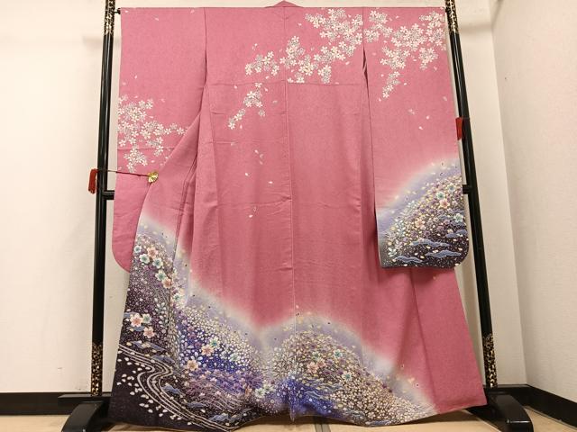 平和屋着物●豪華振袖　作家物　絞り　舞桜文　暈し染め　銀通し地　正絹　逸品　AABJ1305ph