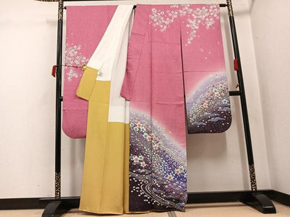 平和屋着物●豪華振袖　作家物　絞り　舞桜文　暈し染め　銀通し地　正絹　逸品　AABJ1305ph