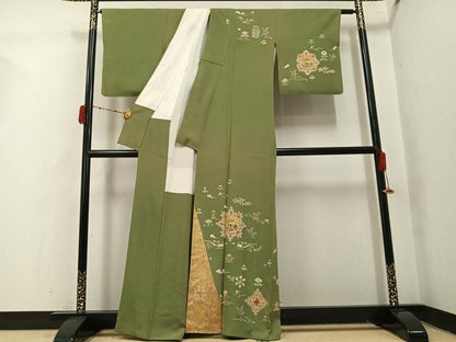 平和屋着物●日本工芸会正会員　生駒暉夫　訪問着　花鳥文　琵琶湖　金彩　浜ちりめん　反端付き　正絹　逸品　AABJ1315ph