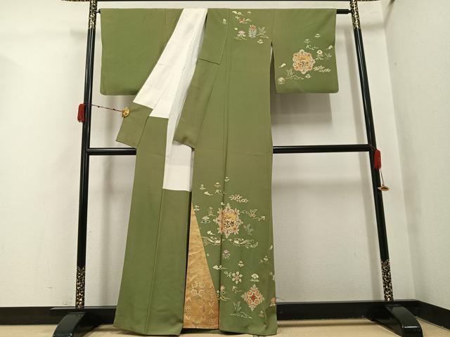 平和屋着物●日本工芸会正会員　生駒暉夫　訪問着　花鳥文　琵琶湖　金彩　浜ちりめん　反端付き　正絹　逸品　AABJ1315ph