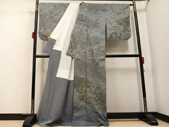 平和屋着物●小林文次郎 訪問着 中国三大刺繍 汕頭刺繍 スワトウ刺繍 紬地 松竹梅風景草花文 ますいわ屋扱い 正絹 逸品 AABJ1316ph