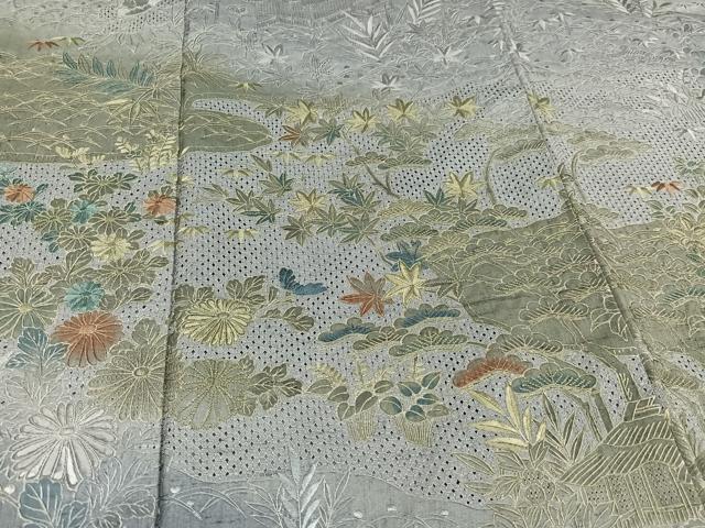 平和屋着物●小林文次郎 訪問着 中国三大刺繍 汕頭刺繍 スワトウ刺繍 紬地 松竹梅風景草花文 ますいわ屋扱い 正絹 逸品 AABJ1316ph