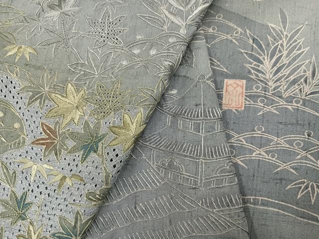 平和屋着物●小林文次郎 訪問着 中国三大刺繍 汕頭刺繍 スワトウ刺繍 紬地 松竹梅風景草花文 ますいわ屋扱い 正絹 逸品 AABJ1316ph