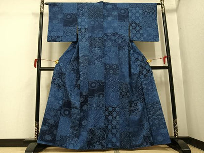 平和屋着物●上質な小紋　紬地　本藍　花唐草文　正絹　逸品　AABJ1319ph