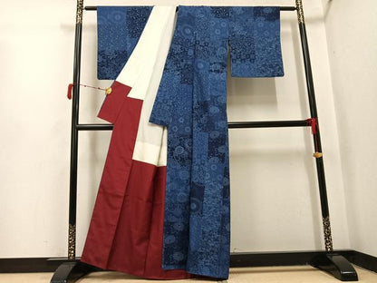 平和屋着物●上質な小紋　紬地　本藍　花唐草文　正絹　逸品　AABJ1319ph
