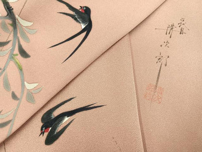 平和屋着物●二代目清次郎　手描き　訪問着　燕　正絹　逸品　AABJ1321ph