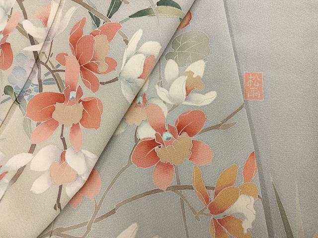平和屋着物●十日町友禅作家　松雨　訪問着　枝花文　暈し染め　正絹　逸品　AABJ1337ph