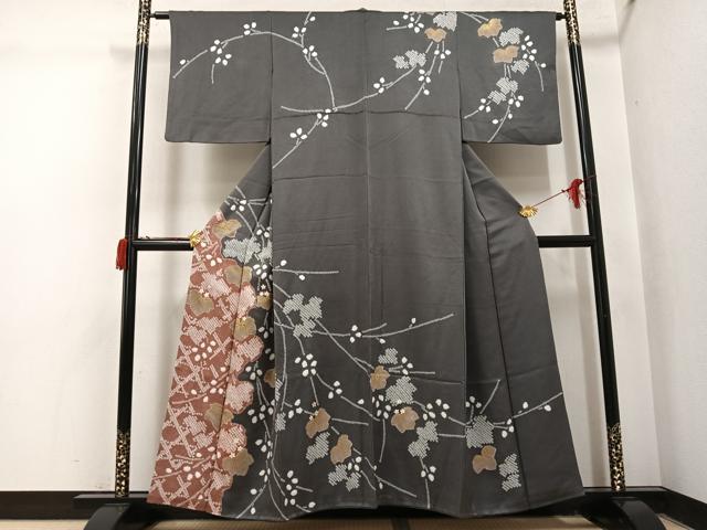 平和屋着物●訪問着　駒刺繍　絞り　草花文　金彩　正絹　逸品　AABJ1342ph