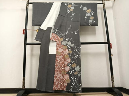 平和屋着物●訪問着　駒刺繍　絞り　草花文　金彩　正絹　逸品　AABJ1342ph