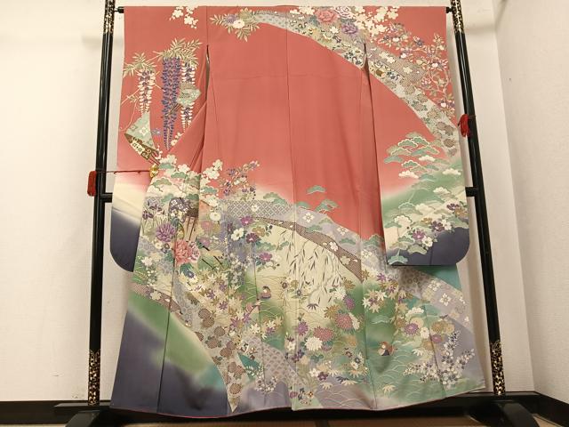 平和屋着物●豪華振袖　御所車鴛鴦花文　暈し染め　金彩　正絹　逸品　AABJ1350ph