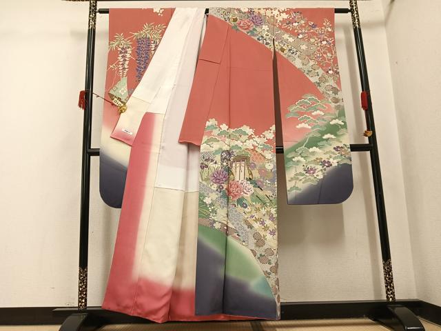平和屋着物●豪華振袖　御所車鴛鴦花文　暈し染め　金彩　正絹　逸品　AABJ1350ph