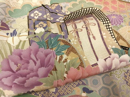 平和屋着物●豪華振袖　御所車鴛鴦花文　暈し染め　金彩　正絹　逸品　AABJ1350ph