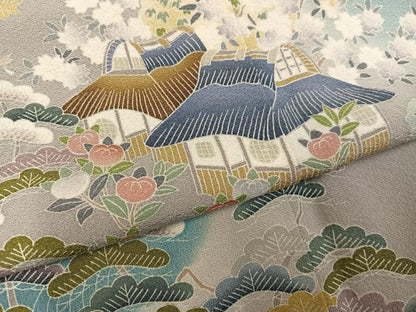 平和屋着物●訪問着　友禅　松竹梅風景草花文　暈し染め　正絹　逸品　AABJ1365ph