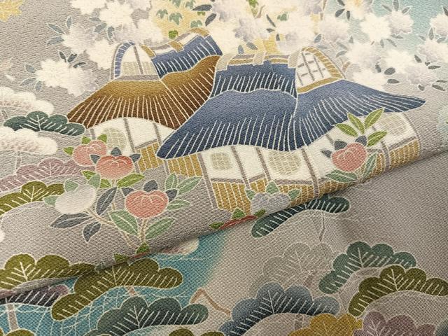 平和屋着物●訪問着　友禅　松竹梅風景草花文　暈し染め　正絹　逸品　AABJ1365ph