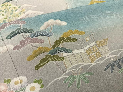 平和屋着物●訪問着　友禅　松竹梅風景草花文　暈し染め　正絹　逸品　AABJ1365ph