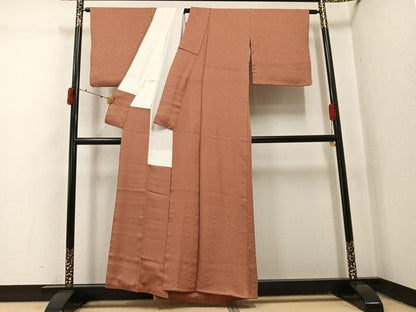 平和屋着物●上質な色無地　抽象地紋　纁色　正絹　逸品　AABJ1381ph
