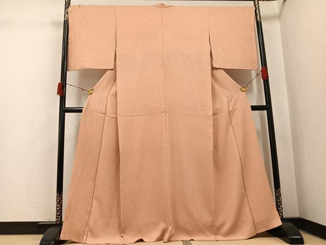 平和屋着物●上質な色無地　市松地紋　一斤染色　正絹　逸品　AABJ1386ph