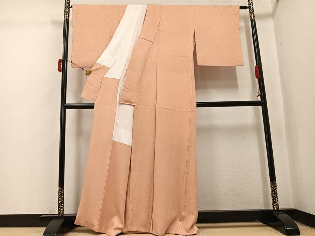 平和屋着物●上質な色無地　市松地紋　一斤染色　正絹　逸品　AABJ1386ph