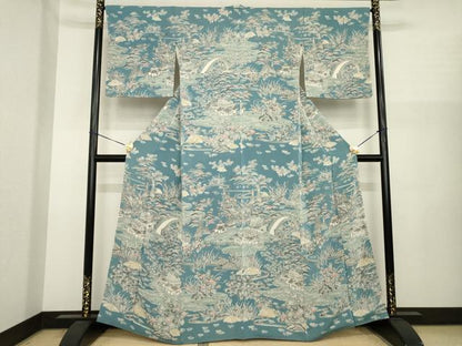 平和屋着物●訪問着　友禅　流水風景文　鬼しぼ縮緬　正絹　逸品　AABJ1401ck