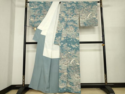 平和屋着物●訪問着　友禅　流水風景文　鬼しぼ縮緬　正絹　逸品　AABJ1401ck