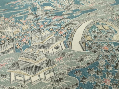 平和屋着物●訪問着　友禅　流水風景文　鬼しぼ縮緬　正絹　逸品　AABJ1401ck