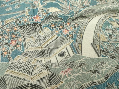 平和屋着物●訪問着　友禅　流水風景文　鬼しぼ縮緬　正絹　逸品　AABJ1401ck