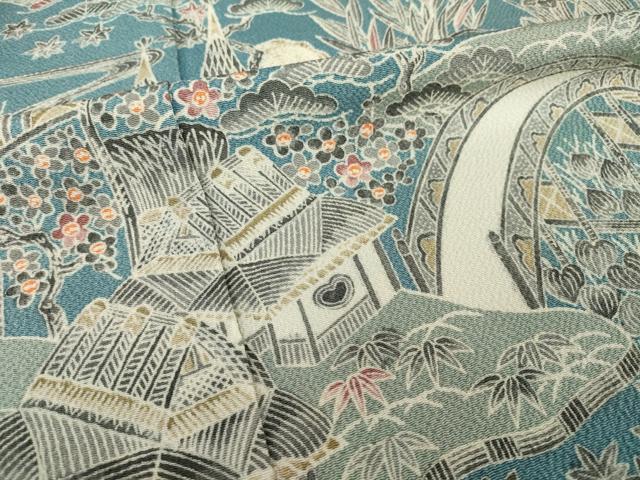 平和屋着物●訪問着　友禅　流水風景文　鬼しぼ縮緬　正絹　逸品　AABJ1401ck