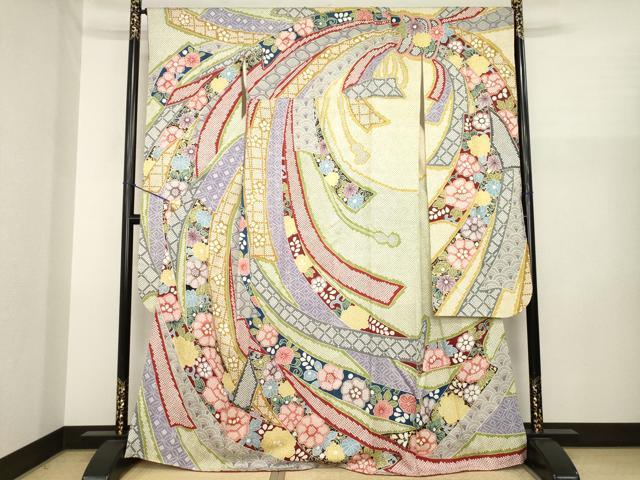 平和屋着物●豪華振袖　総絞り　束ね熨斗吉祥花文　金彩　正絹　逸品　AABJ1406ck