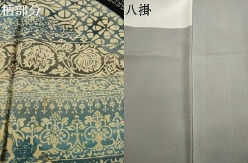 平和屋着物●訪問着　作家物　絞り　型染め　更紗花唐草文　黒地　正絹　逸品　AABJ1419ck