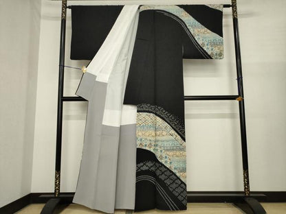 平和屋着物●訪問着　作家物　絞り　型染め　更紗花唐草文　黒地　正絹　逸品　AABJ1419ck